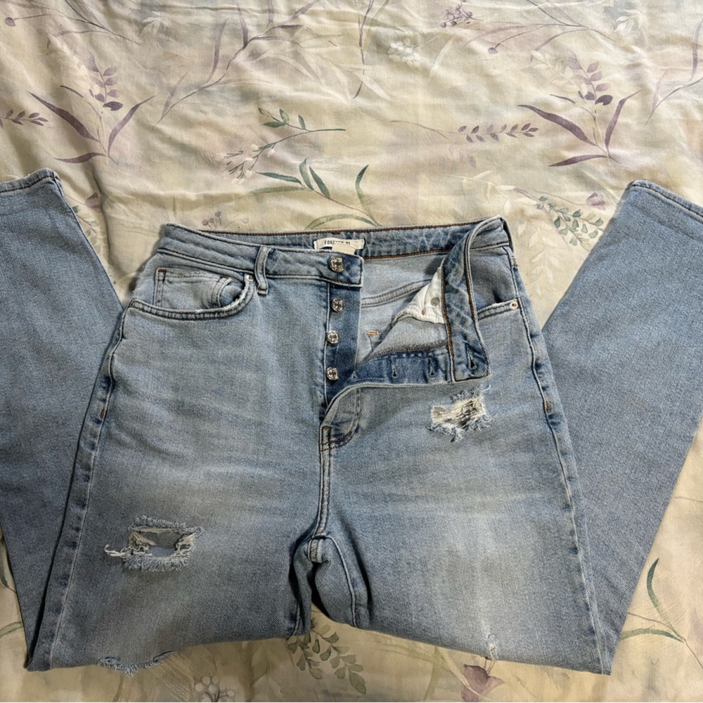 Forever 21 High Rise Light Blue Distressed Jeans